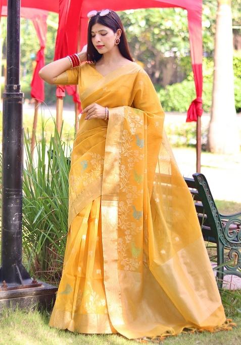 Yellow Jamdani Weaving Linen Silk Saree Set