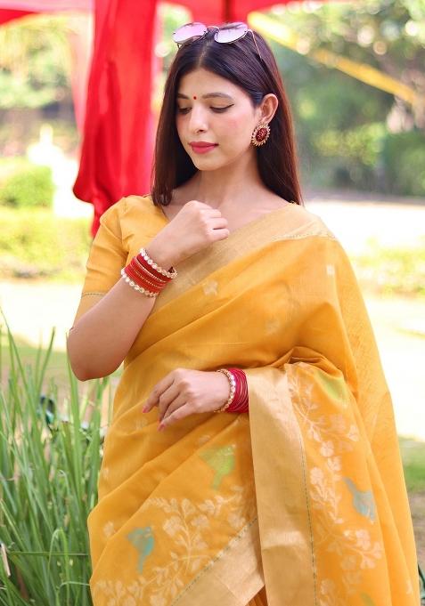 Yellow Jamdani Weaving Linen Silk Saree Set