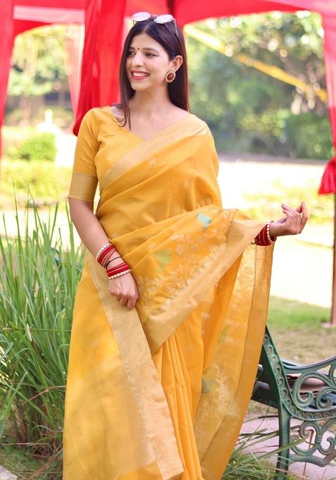 Yellow Jamdani Weaving Linen Silk Saree Set