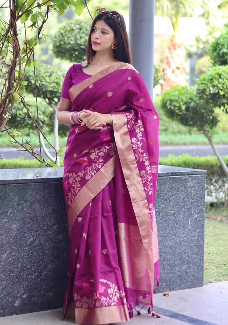 Wine Jamdani Weaving Linen Silk Saree Set