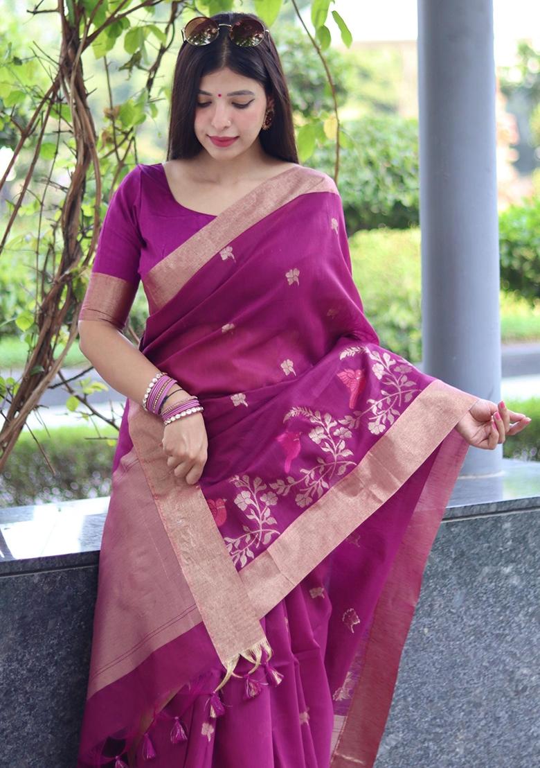 Wine Jamdani Weaving Linen Silk Saree Set