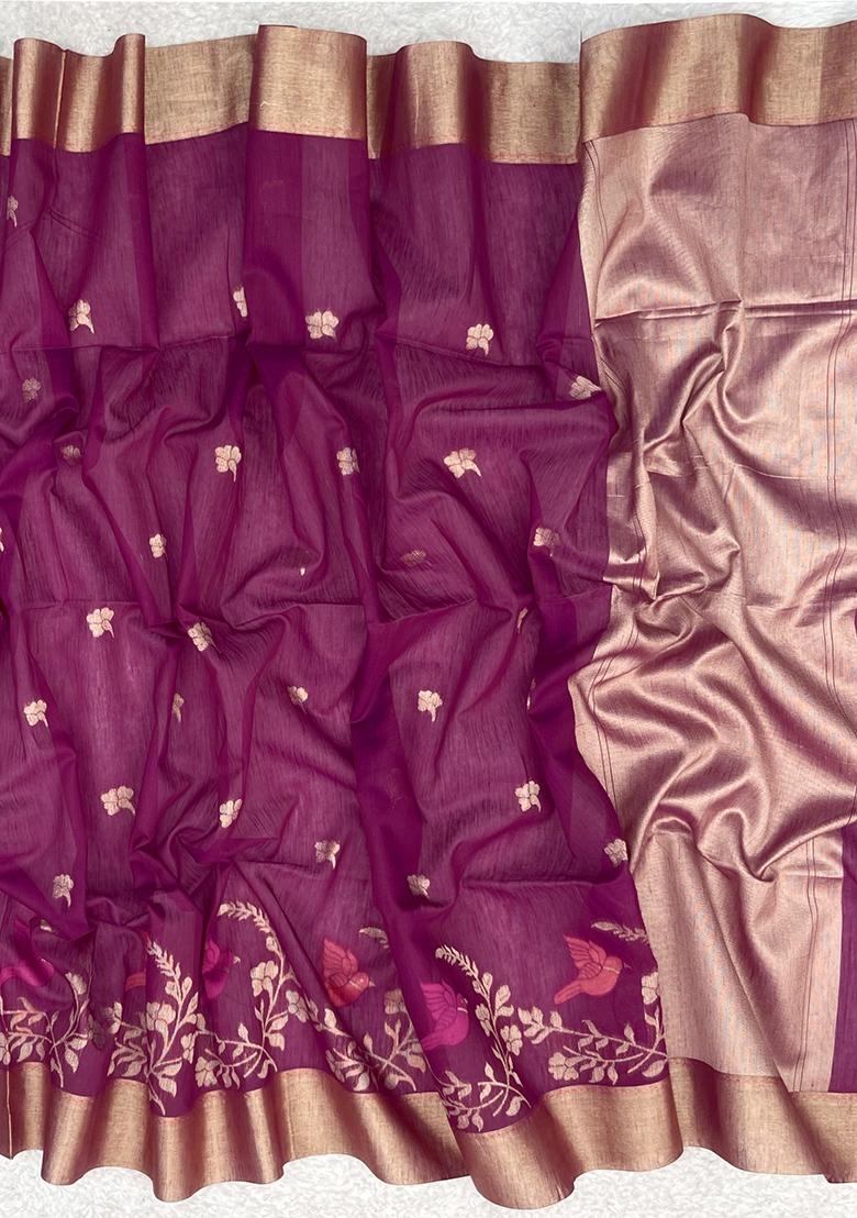 Wine Jamdani Weaving Linen Silk Saree Set