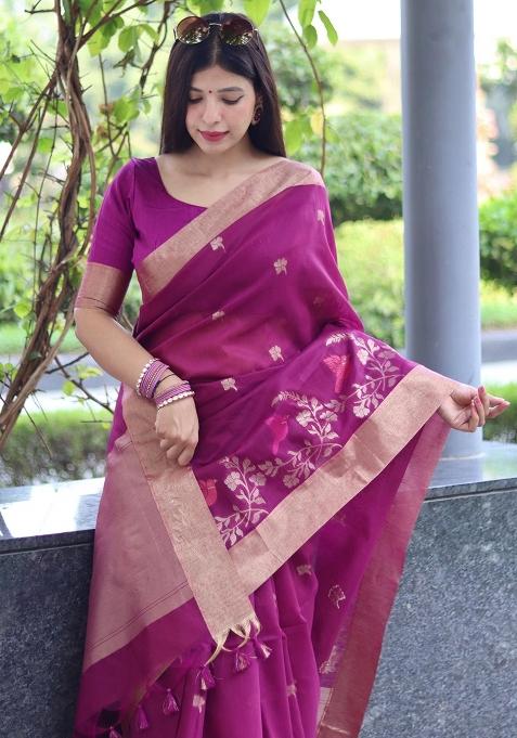 Wine Jamdani Weaving Linen Silk Saree Set