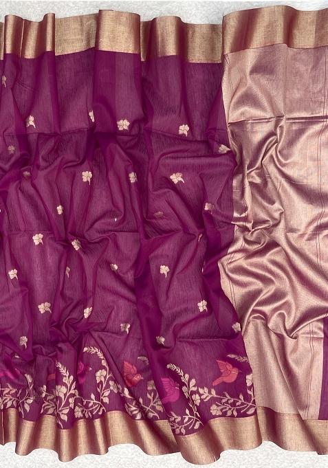 Wine Jamdani Weaving Linen Silk Saree Set