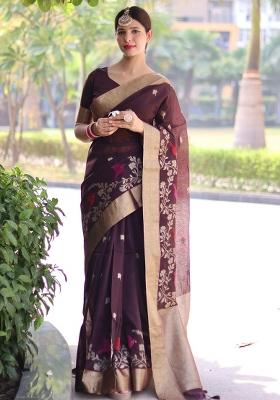 Brown Jamdani Weaving Linen Silk Blend Saree Set