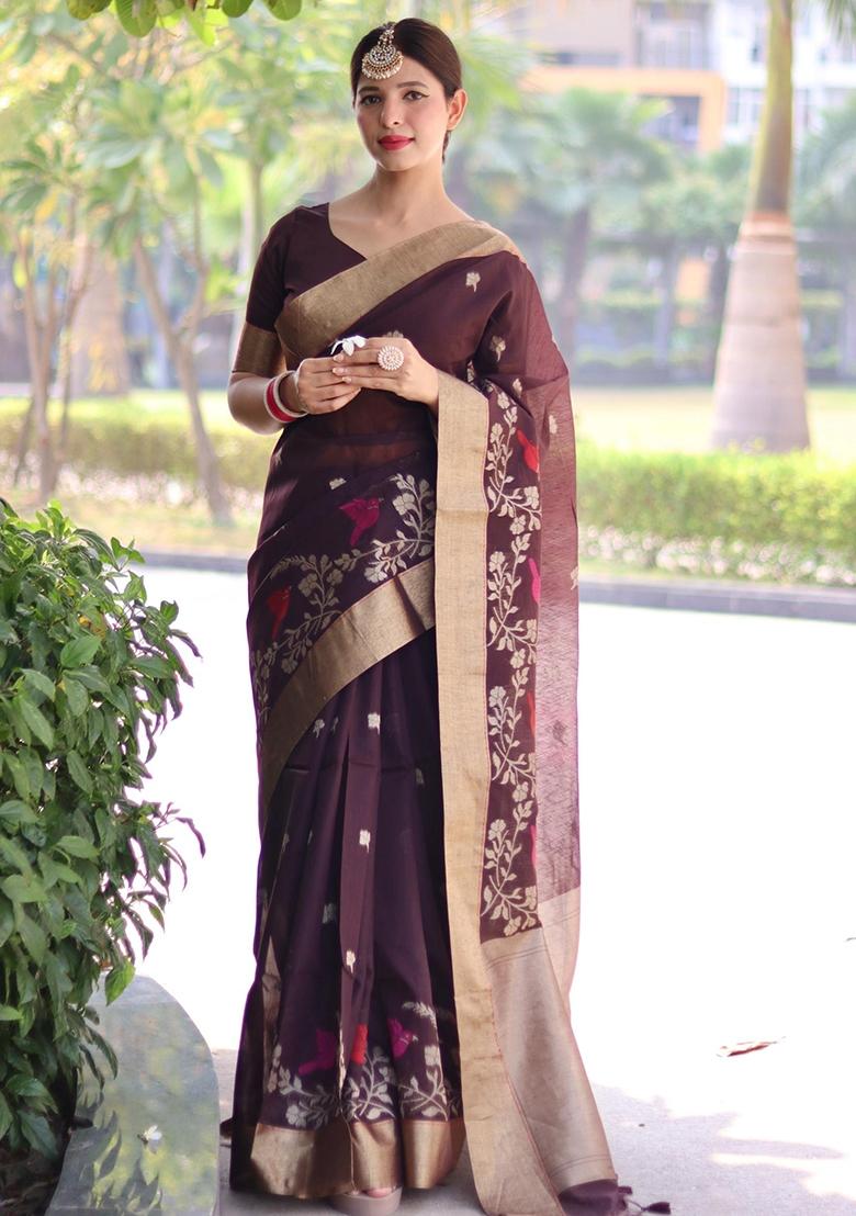Brown Jamdani Weaving Linen Silk Saree Set