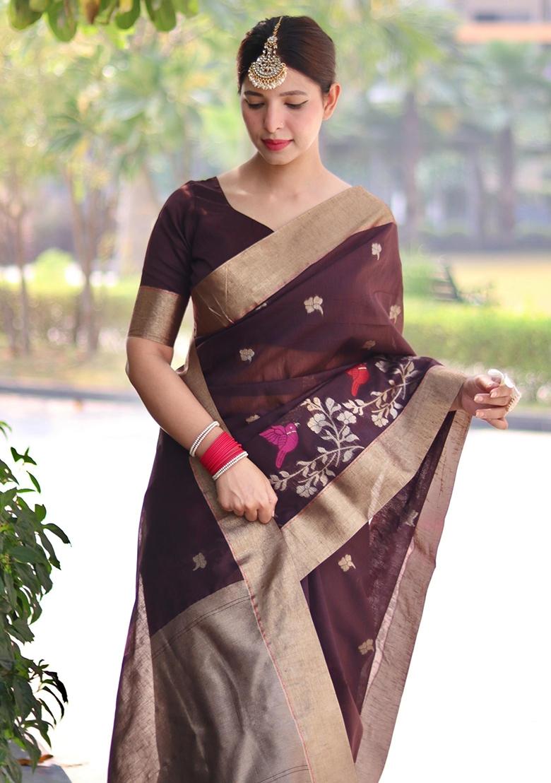 Brown Jamdani Weaving Linen Silk Saree Set