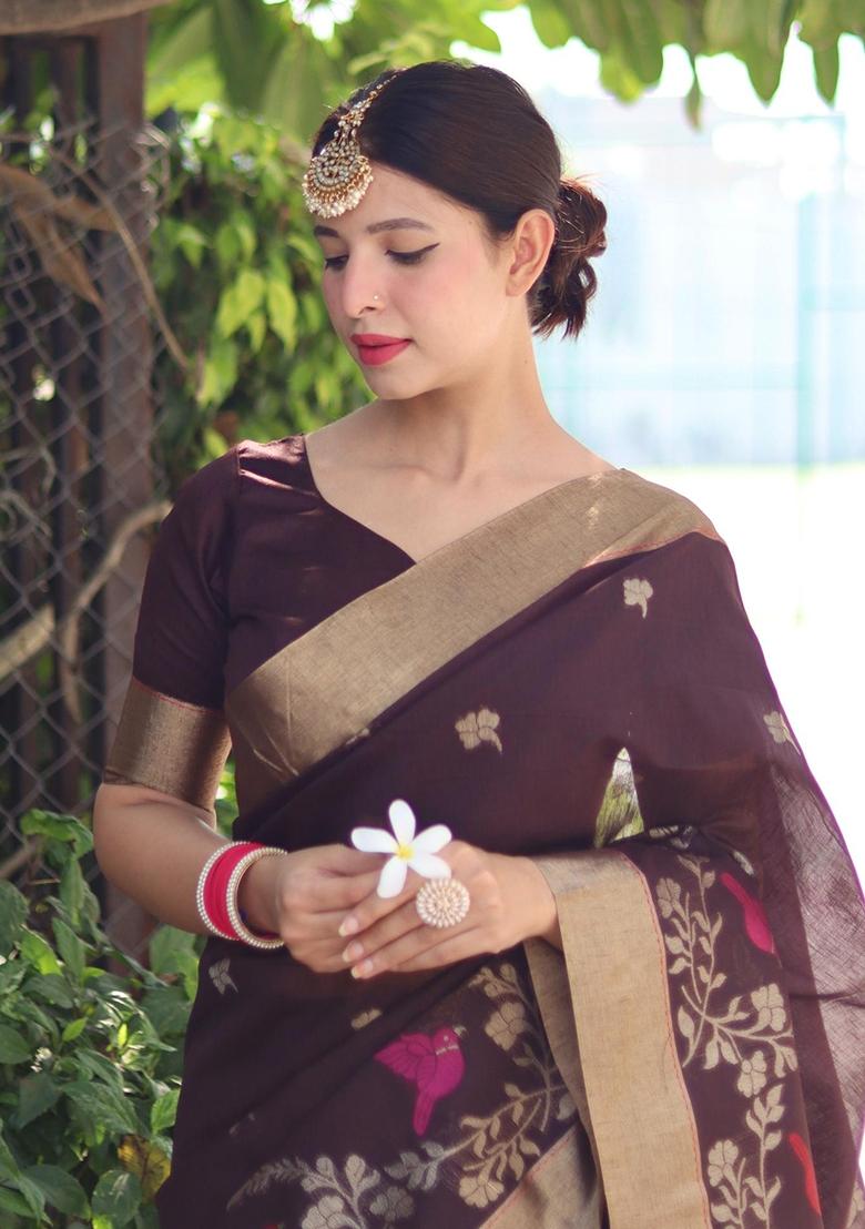 Brown Jamdani Weaving Linen Silk Saree Set