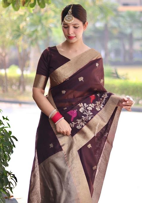 Brown Jamdani Weaving Linen Silk Saree Set