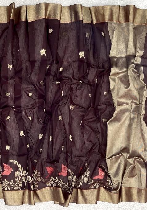 Brown Jamdani Weaving Linen Silk Saree Set