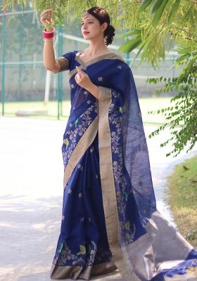 Blue Jamdani Weaving Linen Silk Blend Saree Set
