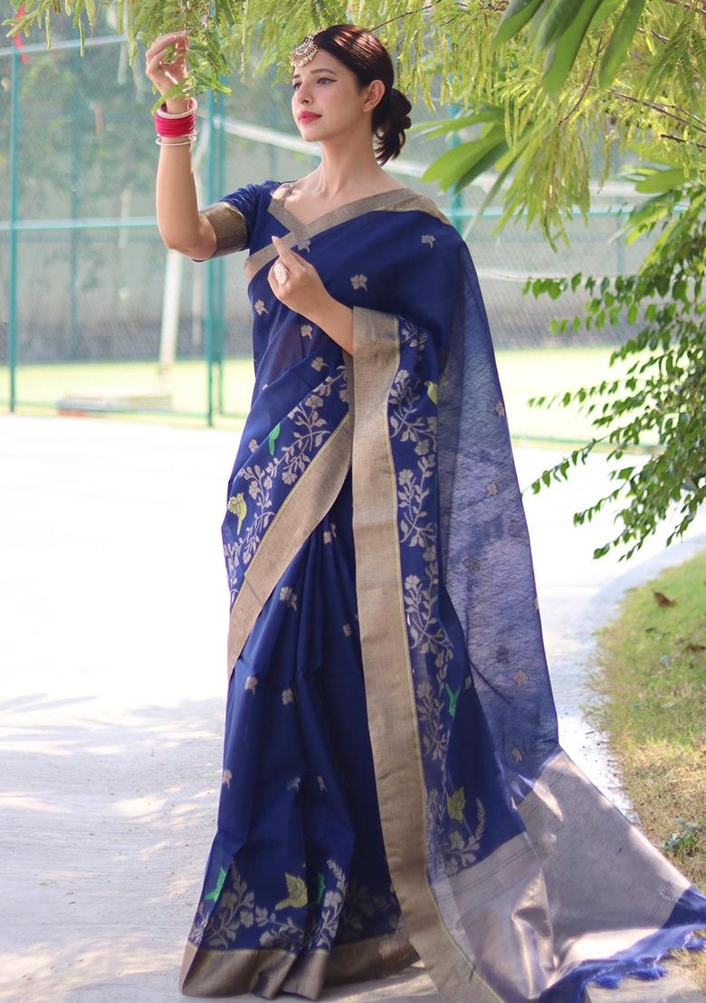 Blue Jamdani Weaving Linen Silk Saree Set