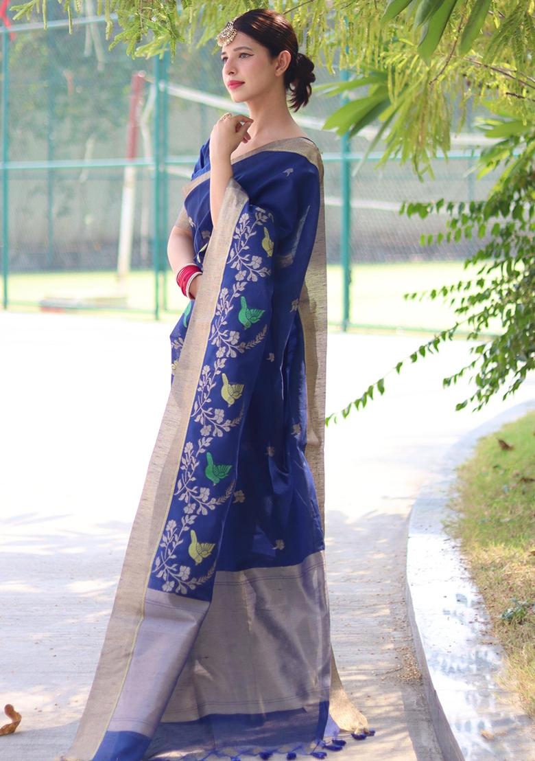 Blue Jamdani Weaving Linen Silk Saree Set