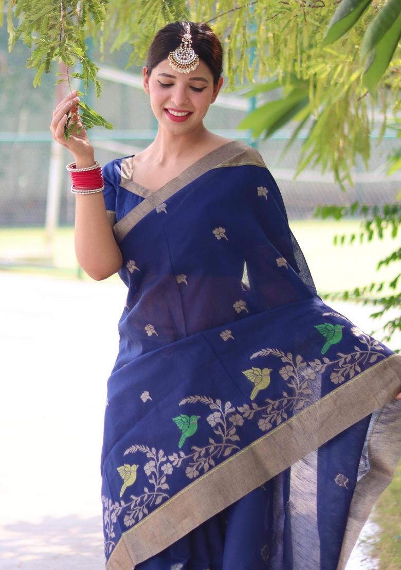 Blue Jamdani Weaving Linen Silk Saree Set