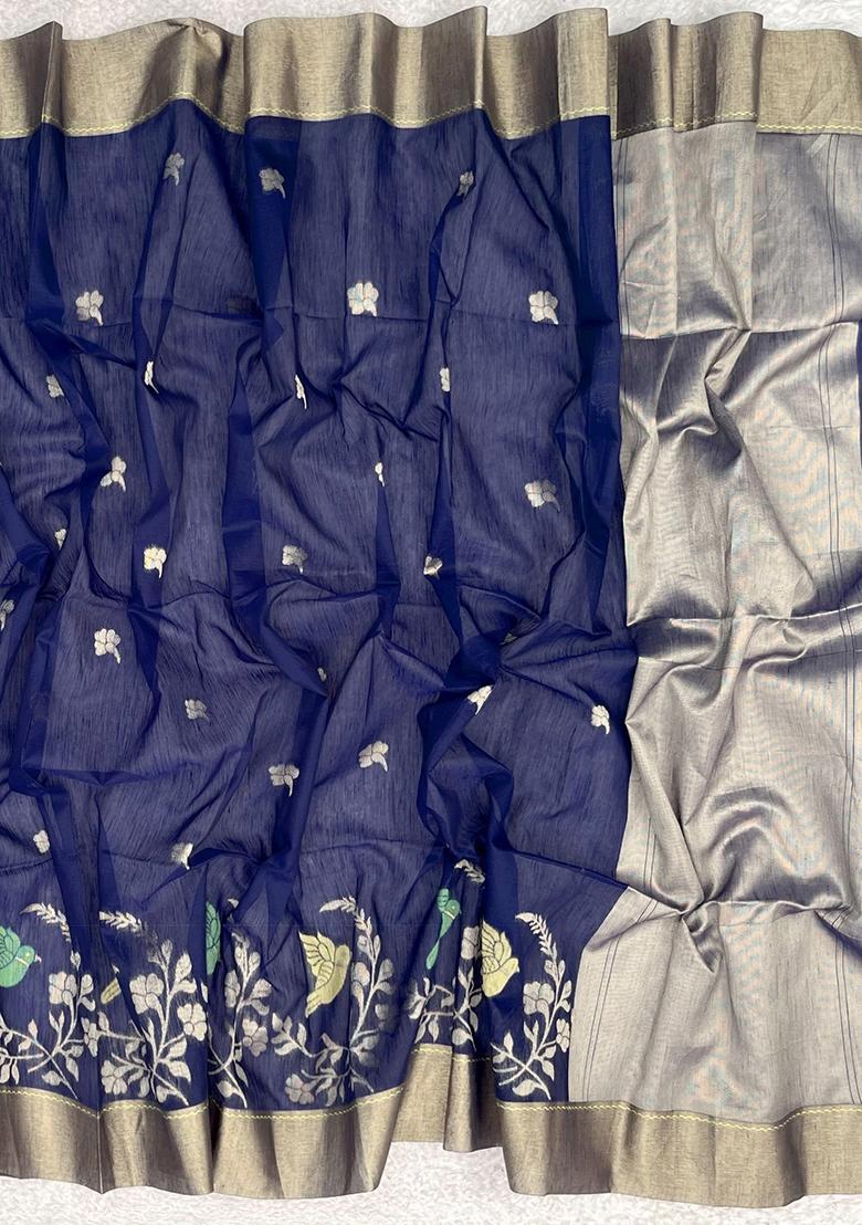 Blue Jamdani Weaving Linen Silk Saree Set