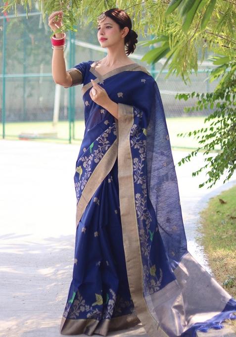 Blue Jamdani Weaving Linen Silk Saree Set