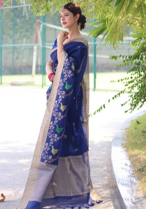 Blue Jamdani Weaving Linen Silk Saree Set