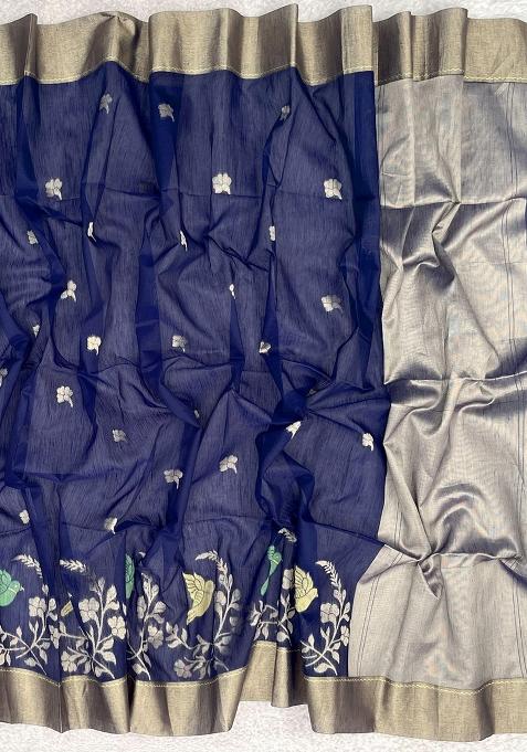 Blue Jamdani Weaving Linen Silk Saree Set