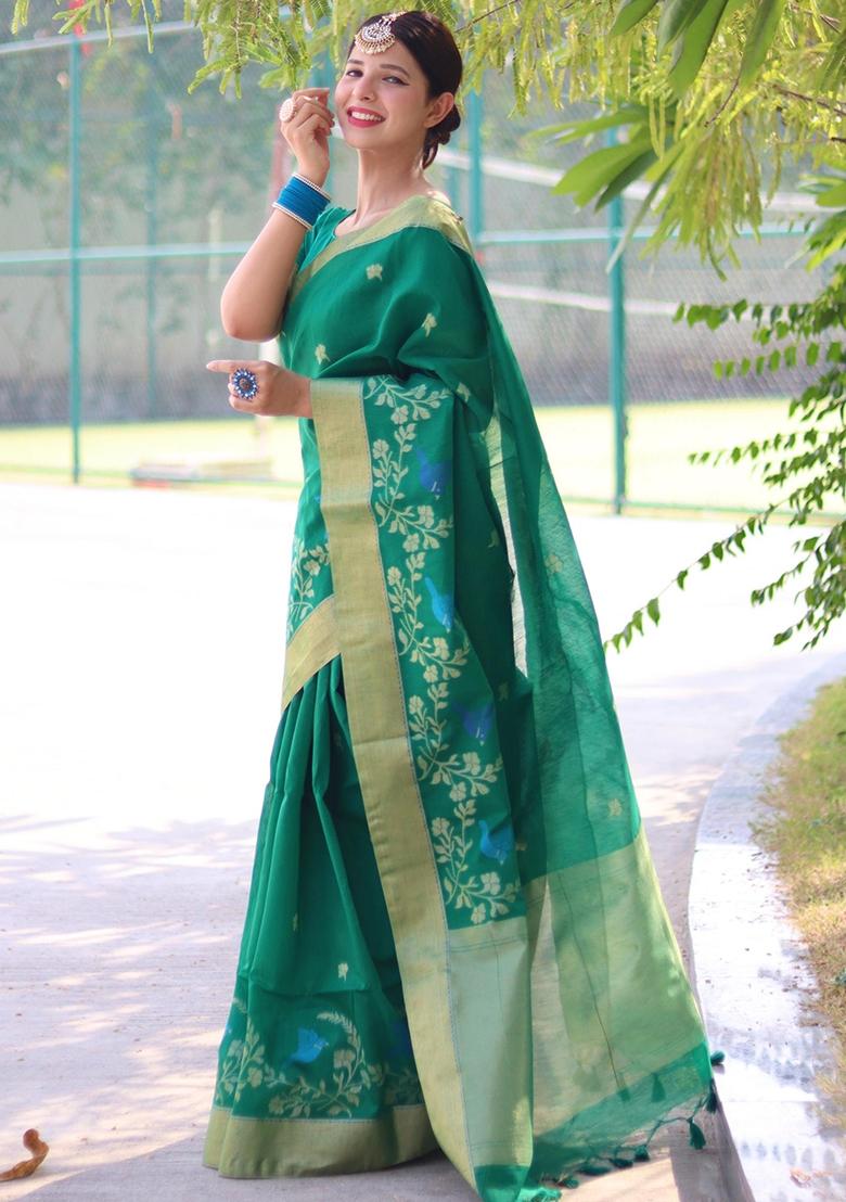 Green Jamdani Weaving Linen Silk Saree Set