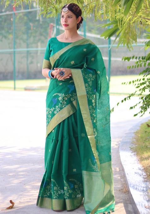 Green Jamdani Weaving Linen Silk Saree Set