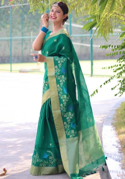 Green Jamdani Weaving Linen Silk Saree Set