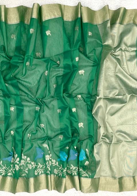 Green Jamdani Weaving Linen Silk Saree Set