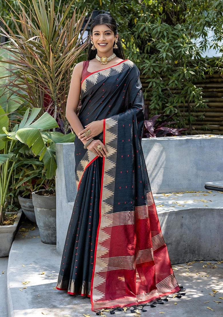Black Bandhani Weaves Tussar Silk Saree Set