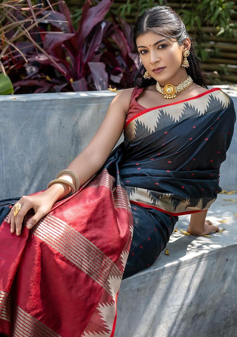 Black Bandhani Weaves Tussar Silk Saree Set