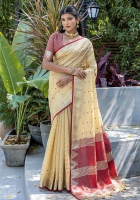 Cream Bandhani Weaves Tussar Silk Blend Saree Set