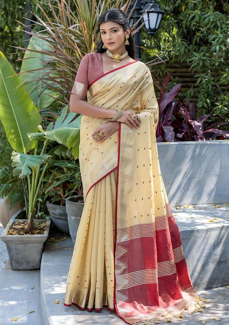 Cream Bandhani Weaves Tussar Silk Blend Saree Set for Diwali and Festive Wear - Indya