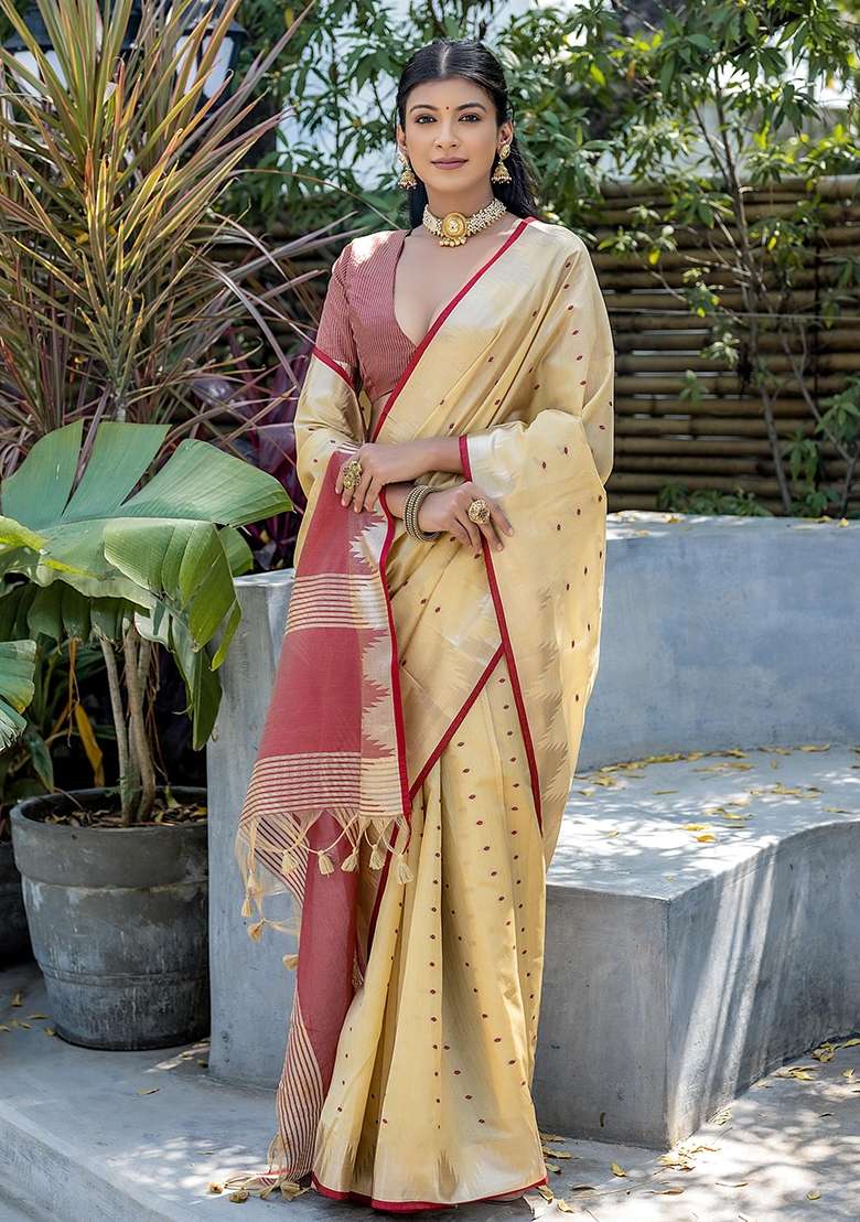 Cream Bandhani Weaves Tussar Silk Blend Saree Set for Diwali and Festive Wear - Indya