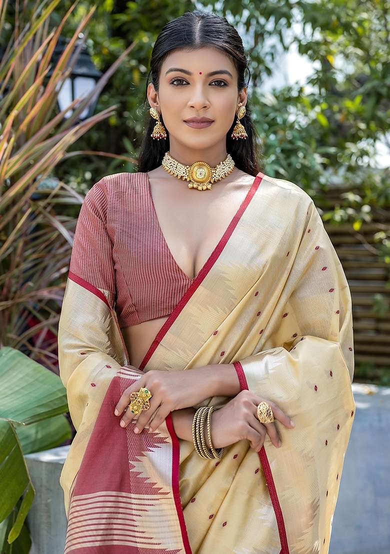 Cream Bandhani Weaves Tussar Silk Blend Saree Set for Diwali and Festive Wear - Indya
