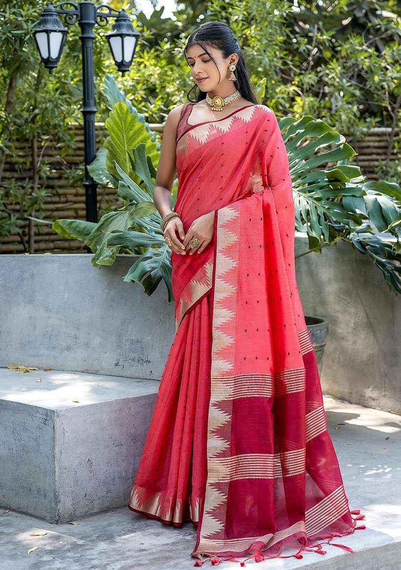 Red Bandhani Weaves Tussar Silk Blend Saree Set for Diwali and Festive Wear - Indya