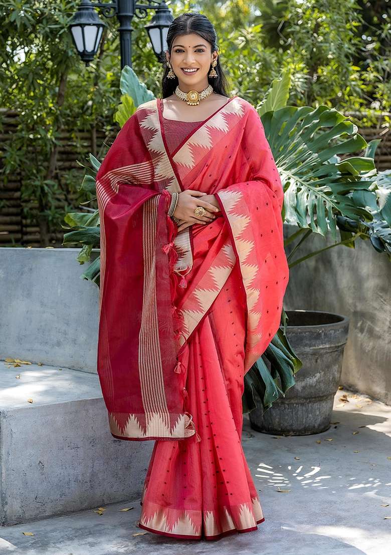 Red Bandhani Weaves Tussar Silk Blend Saree Set for Diwali and Festive Wear - Indya