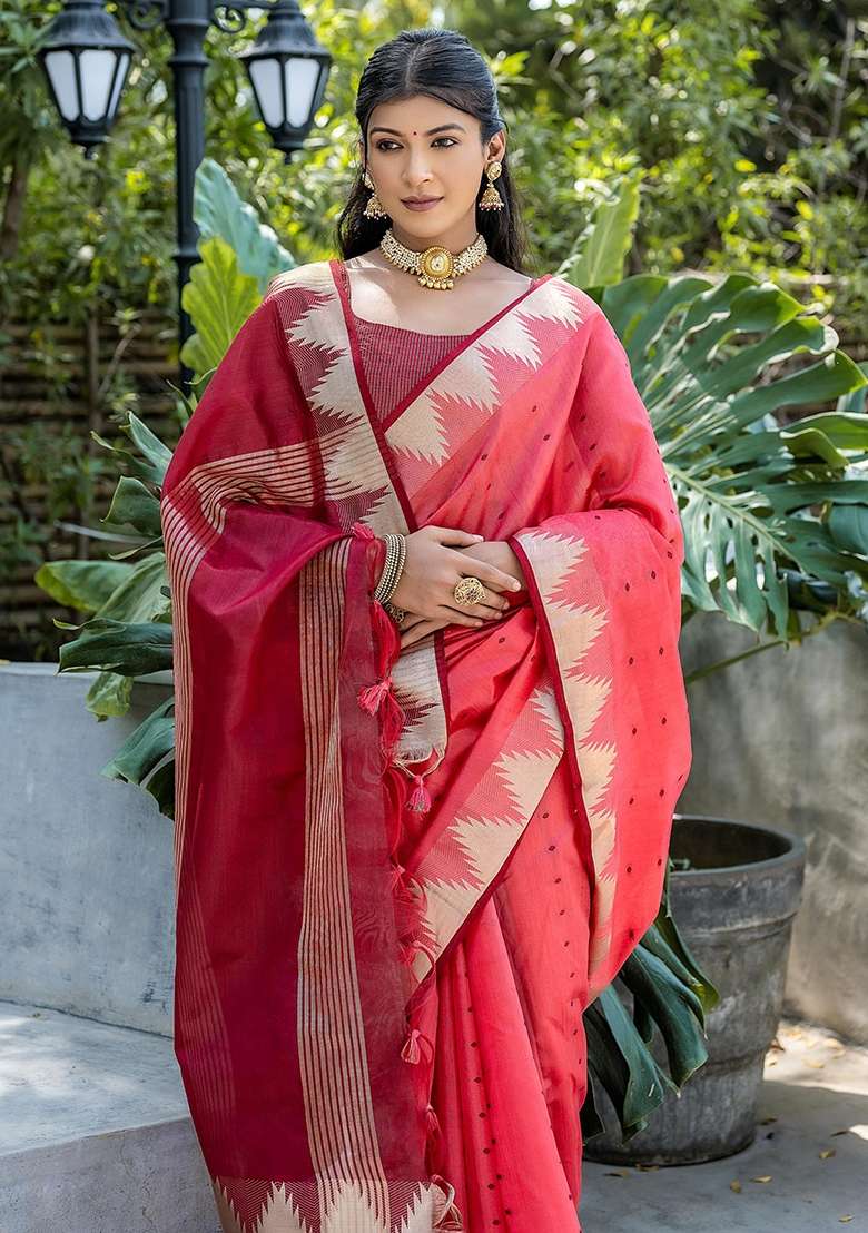 Red Bandhani Weaves Tussar Silk Blend Saree Set for Diwali and Festive Wear - Indya
