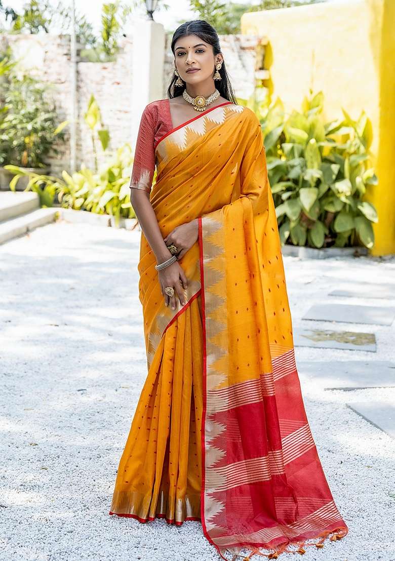 Yellow Bandhani Weaves Tussar Silk Blend Saree Set for Diwali and Festive Wear - Indya