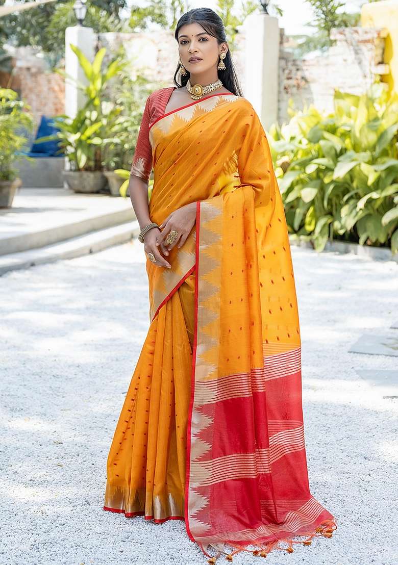 Yellow Bandhani Weaves Tussar Silk Blend Saree Set for Diwali and Festive Wear - Indya