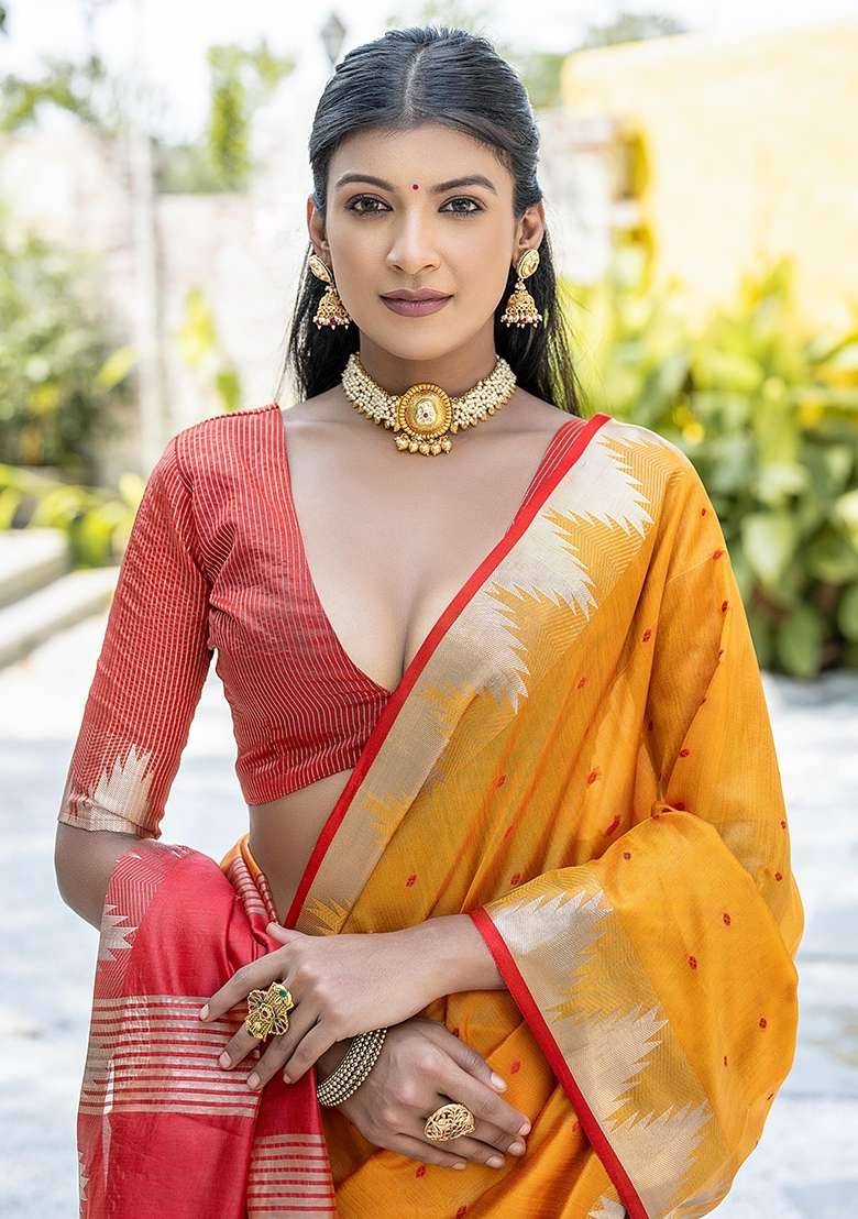 Yellow Bandhani Weaves Tussar Silk Blend Saree Set for Diwali and Festive Wear - Indya