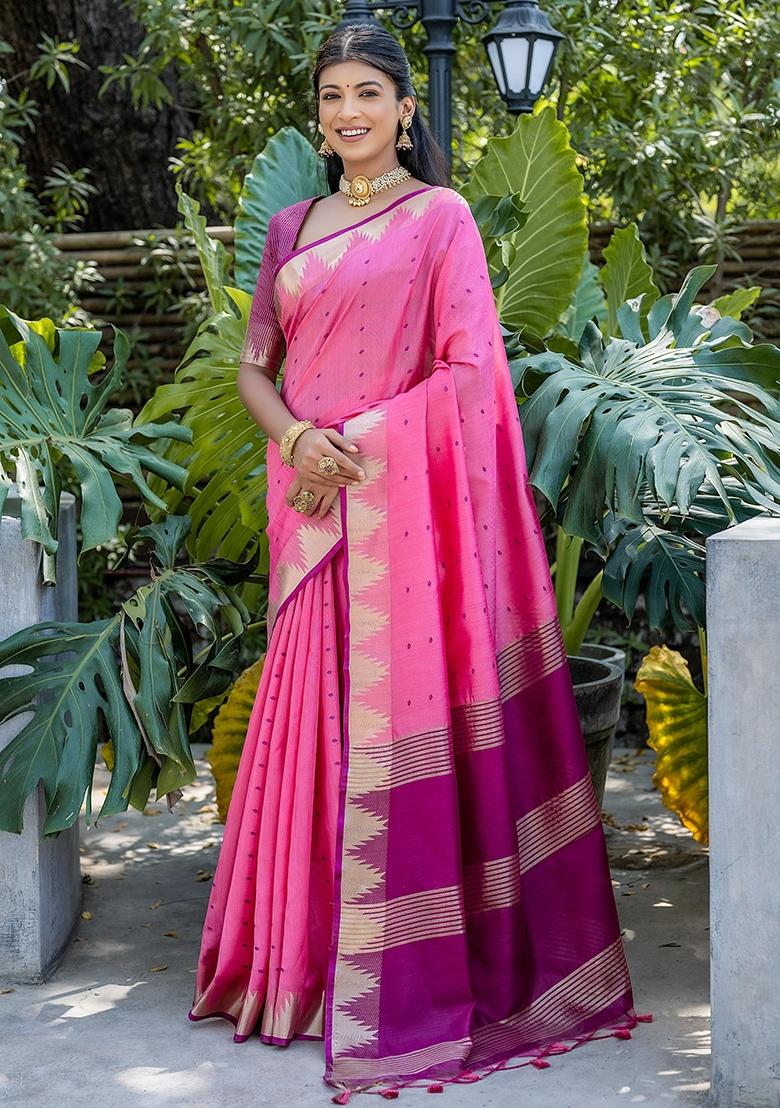 Pink Bandhani Weaves Tussar Silk Saree Set