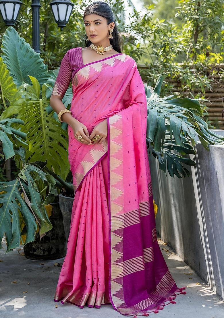 Pink Bandhani Weaves Tussar Silk Saree Set