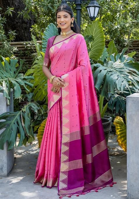 Pink Bandhani Weaves Tussar Silk Saree Set