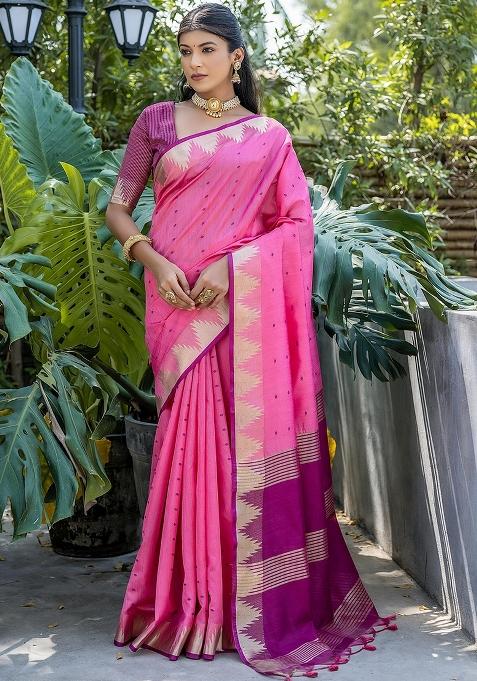 Pink Bandhani Weaves Tussar Silk Saree Set