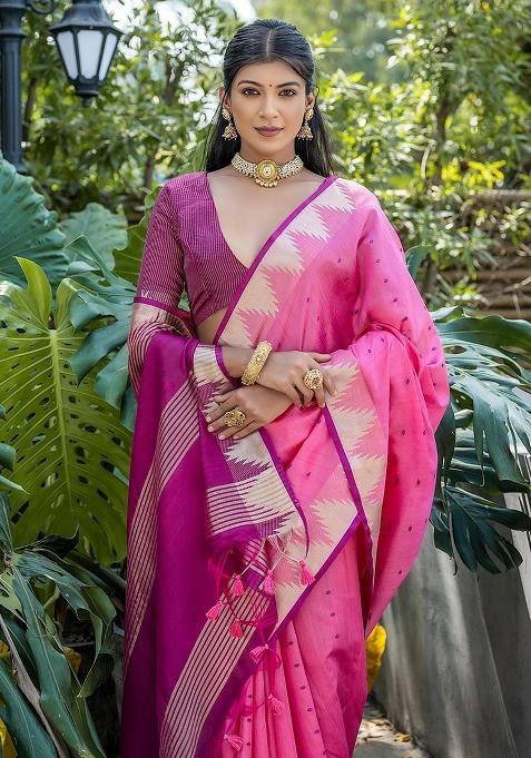 Pink Bandhani Weaves Tussar Silk Saree Set