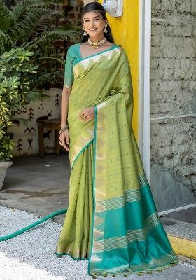 Pista Green Bandhani Weaves Tussar Silk Blend Saree Set