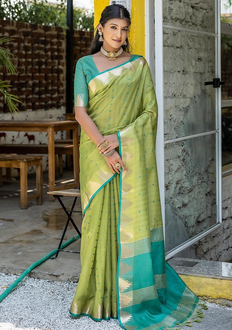 Pista Green Bandhani Weaves Tussar Silk Saree Set