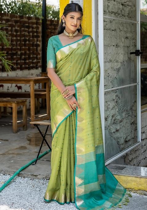 Pista Green Bandhani Weaves Tussar Silk Saree Set