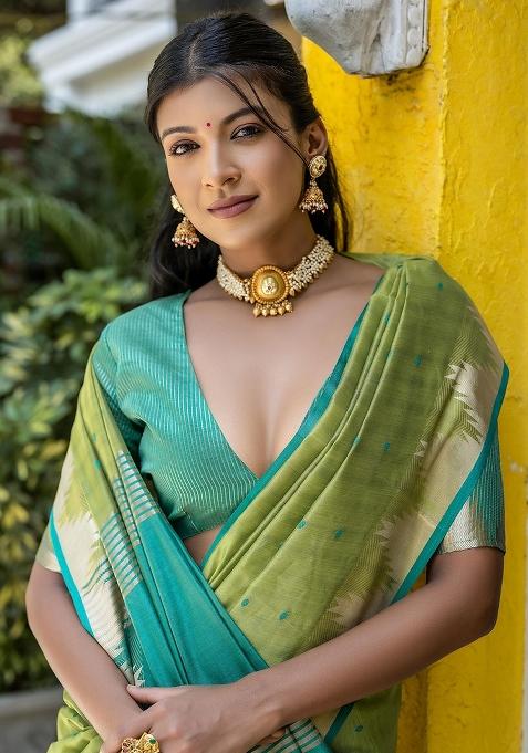 Pista Green Bandhani Weaves Tussar Silk Saree Set