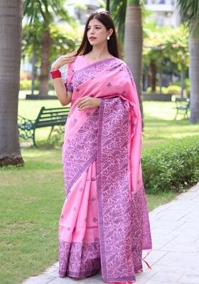 Light Pink Embroidered Raw Silk Blend Saree Set