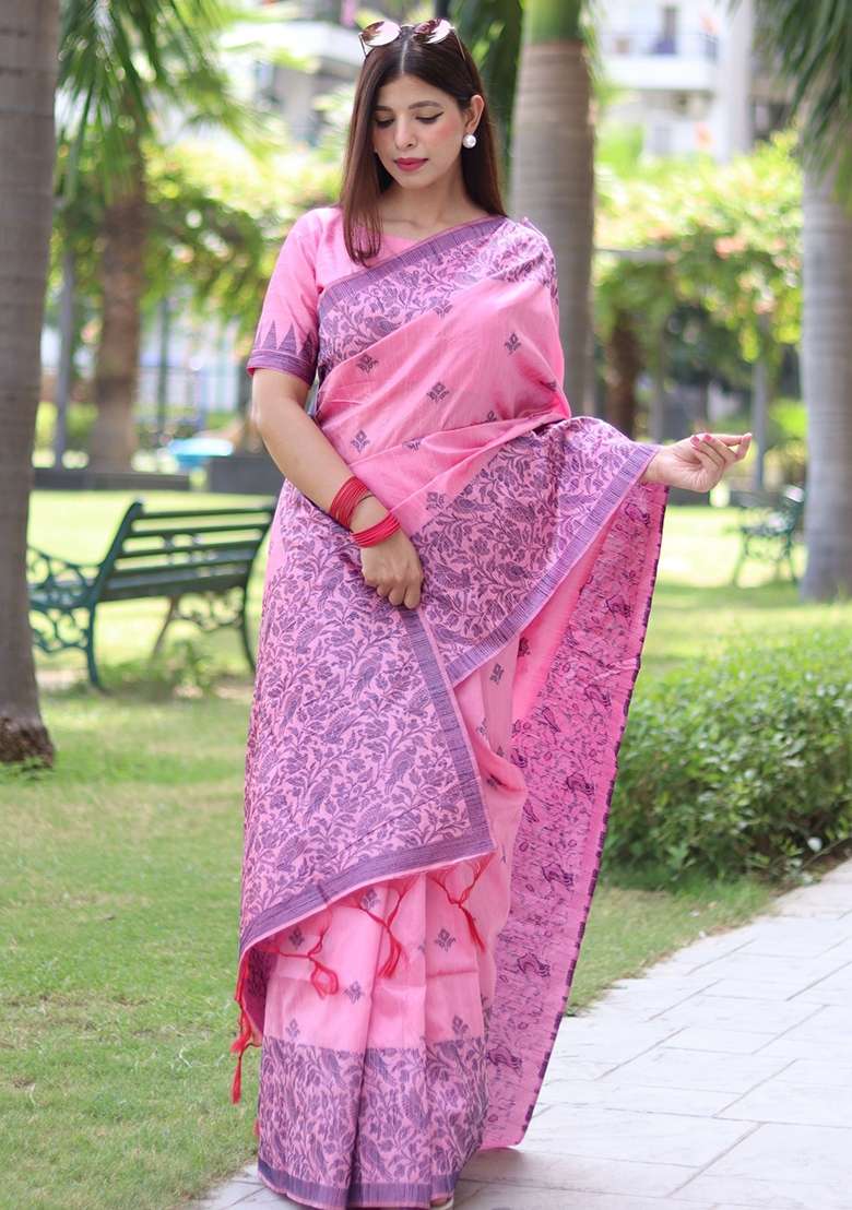 Light Pink Embroidered Raw Silk Blend Saree Set for Diwali and Festive Wear - Indya