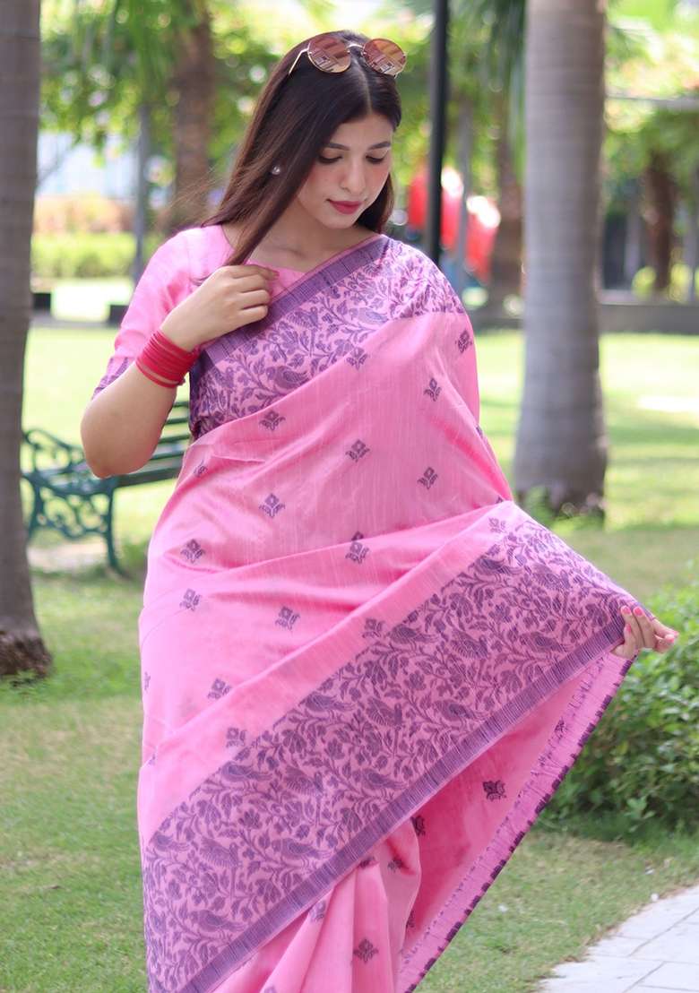 Light Pink Embroidered Raw Silk Blend Saree Set for Diwali and Festive Wear - Indya